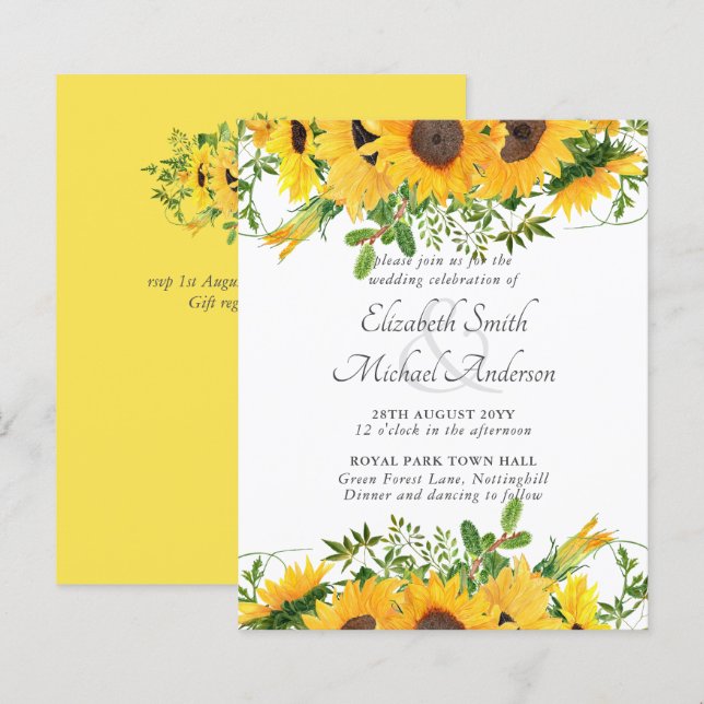 Rustic Sunflower Themed Wedding Stationery Budget (Front/Back)