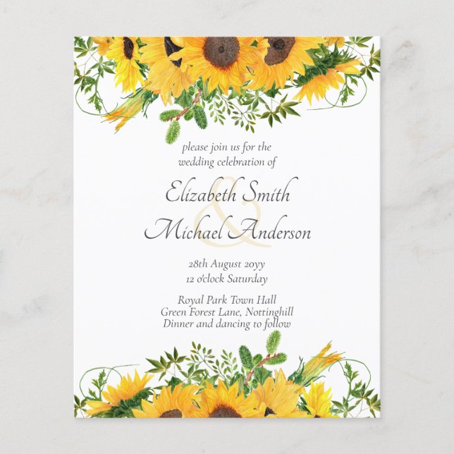 Rustic Sunflower Themed Wedding Stationery Budget (Front)