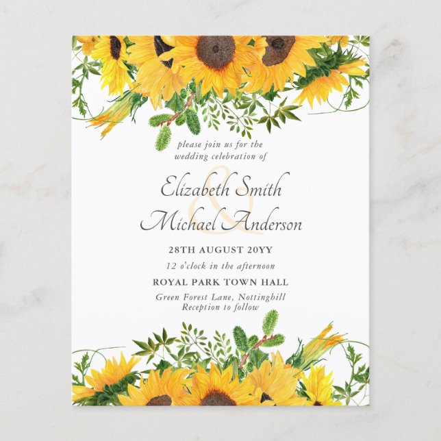 Rustic Sunflower Themed Wedding Stationery Budget (Front)