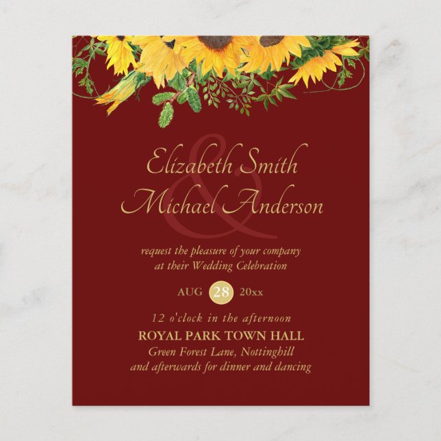 Rustic Sunflower Themed Wedding Stationery Budget (Front)