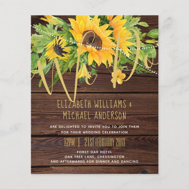 Rustic Sunflower Themed Wedding Stationery Budget (Front)