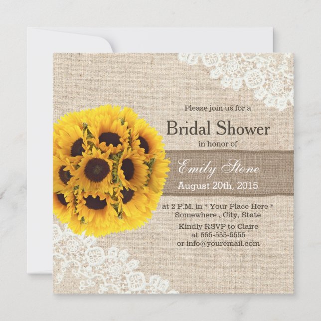 Rustic Sunflower Vintage Lace Burlap Bridal Shower Invitation (Front)