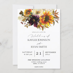 Rustic Sunflower & Violet Purple Floral Wedding Invitation
