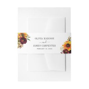 Rustic Sunflower Watercolor Burgundy Red Floral Invitation Belly Band
