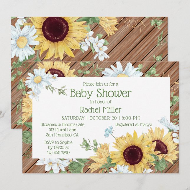 Rustic Sunflower Watercolor Floral Baby Shower Invitation (Front/Back)