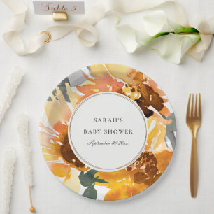 Rustic Sunflower Watercolor Floral Baby Shower Paper Plate