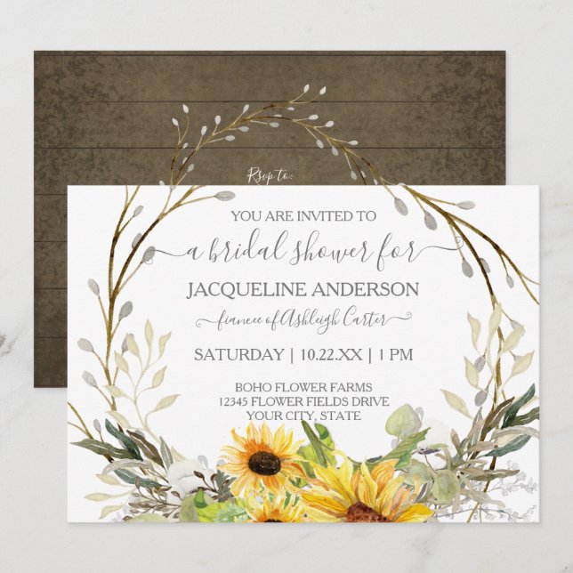 Rustic Sunflower Watercolor Floral Bridal Shower Invitation (Front/Back)
