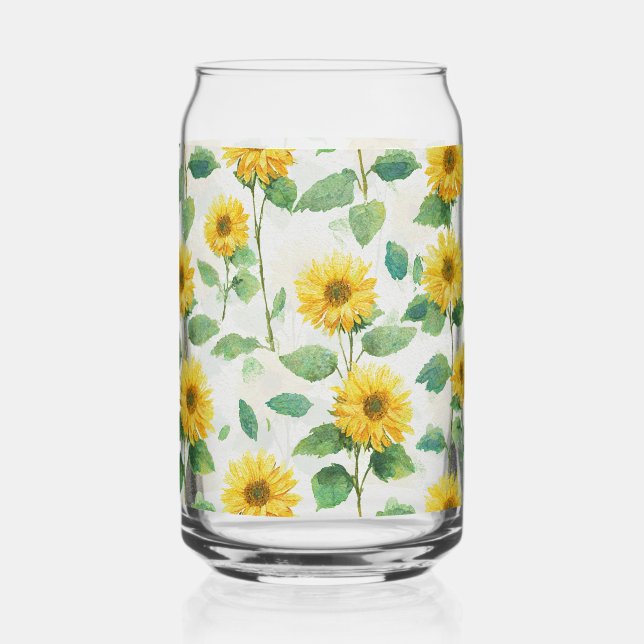 Rustic Sunflower Watercolor Floral Farmhouse Drink Can Glass (Front)