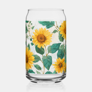 Rustic Sunflower Watercolor Floral Farmhouse Drink Can Glass