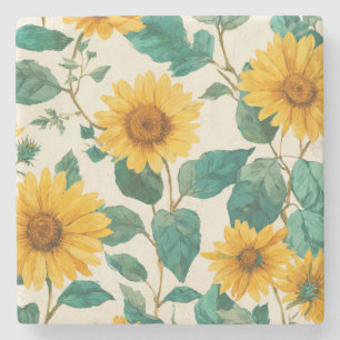 Rustic Sunflower Watercolor Floral Farmhouse Stone Coaster