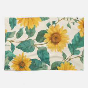 Rustic Sunflower Watercolor Floral Farmhouse Tea Towel