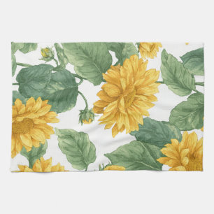 Rustic Sunflower Watercolor Floral Farmhouse Tea Towel
