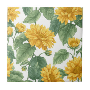Rustic Sunflower Watercolor Floral Farmhouse Tile