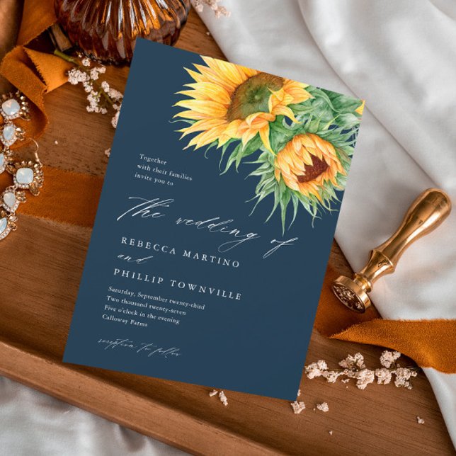 Rustic Sunflower Watercolor Script Wedding Invitation (An elegant, rustic sunflower wedding invitation with watercolor illustration and script typography.)
