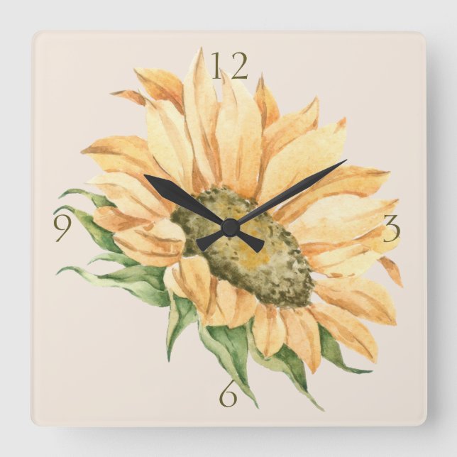 Rustic Sunflower Watercolor Square Wall Clock (Front)