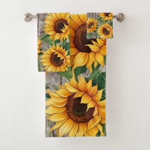 Rustic Sunflower & Weathered Grey Barnboard Bath Towel Set
