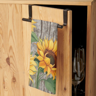 Rustic Sunflower & Weathered Grey Barnboard Tea Towel