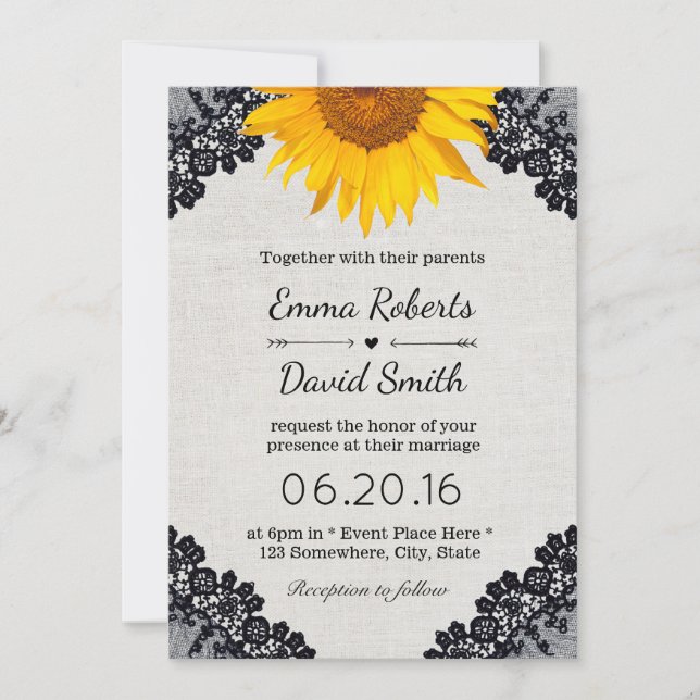 Rustic Sunflower Wedding Black Laced Elegant Linen Invitation (Front)
