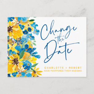 Rustic sunflower wedding change the date announcement postcard
