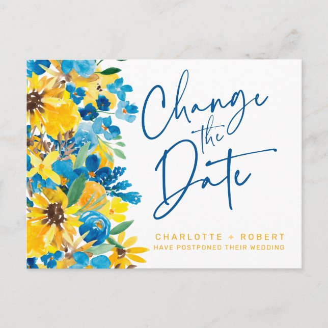Rustic sunflower wedding change the date announcement postcard (Front)