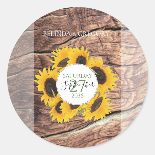 Rustic Sunflower Wedding Classic Round Sticker (Front)