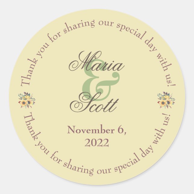 Rustic Sunflower Wedding Classic Round Sticker (Front)