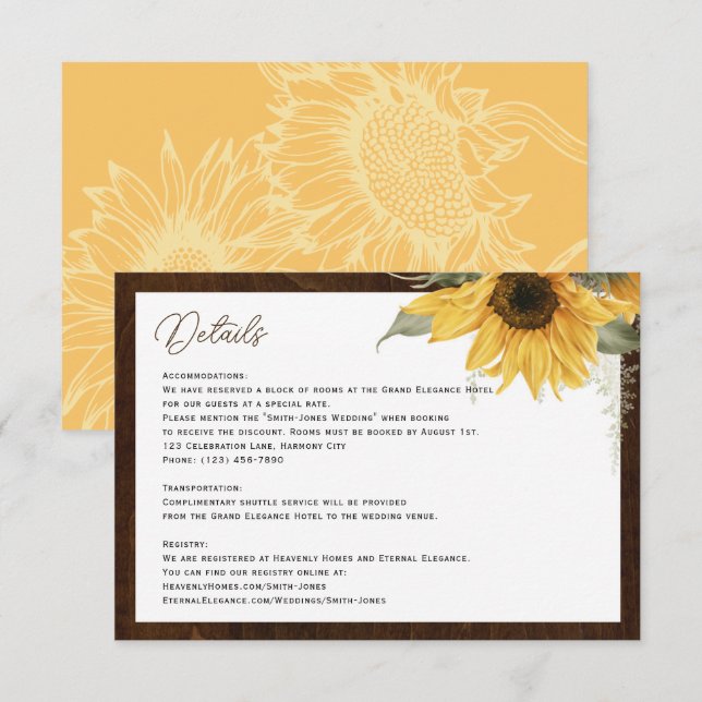 Rustic Sunflower wedding details enclosure cards (Front/Back)