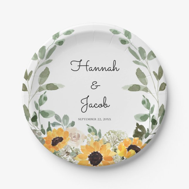 Rustic Sunflower Wedding Paper Plates (Front)