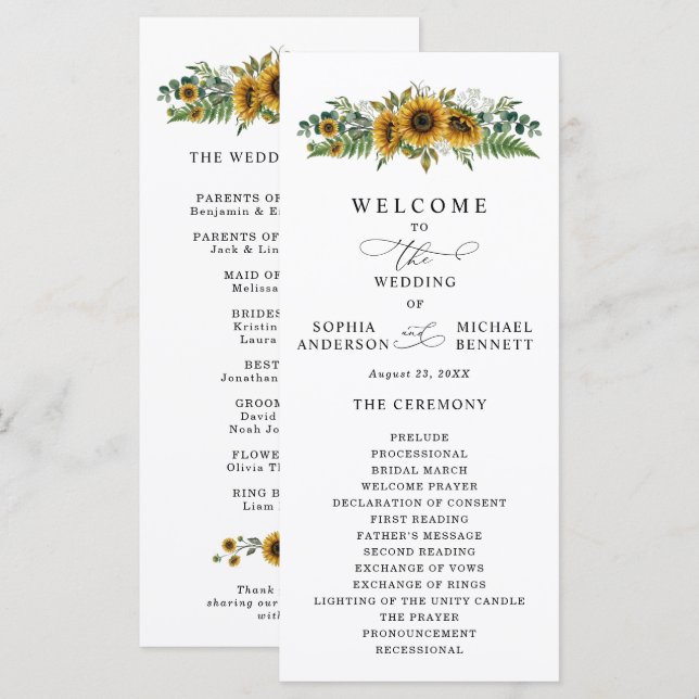 Rustic Sunflower Wedding Program Programme (Front/Back)