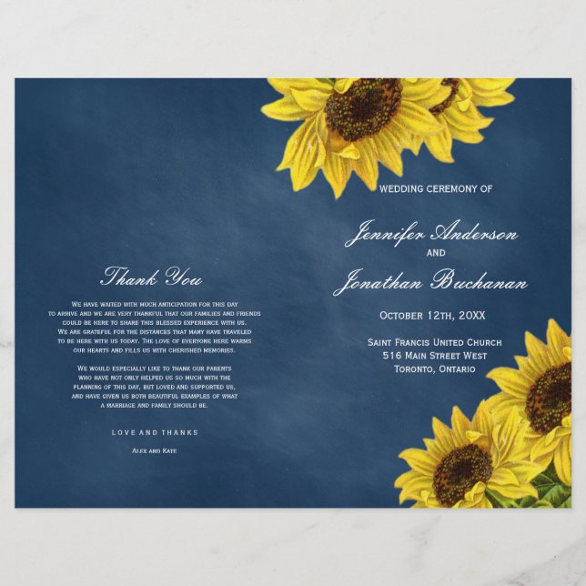 Rustic Sunflower Wedding Programs on Navy Blue (Front)