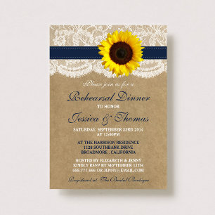 Rustic Sunflower Wedding Rehearsal Dinner - Navy Invitation