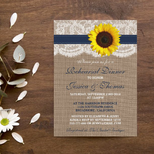 Rustic Sunflower Wedding Rehearsal Dinner - Navy Invitation