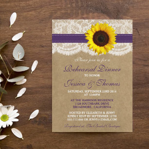 Rustic Sunflower Wedding Rehearsal Dinner - Purple Invitation