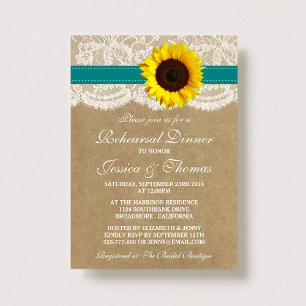 Rustic Sunflower Wedding Rehearsal Dinner - Teal Invitation
