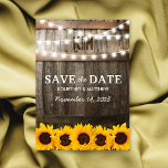 Rustic Sunflower Wedding Save the Date Announcement Postcard<br><div class="desc">Rustic Wedding Save the Date Postcards featuring a country barn dark oak barrel background,  twinkle string lights,  golden yellow sunflowers,  your monogram and a save the date template.</div>