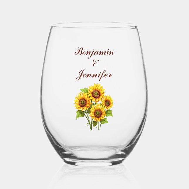 Rustic Sunflower Wedding  Stemless Wine Glass (Front)