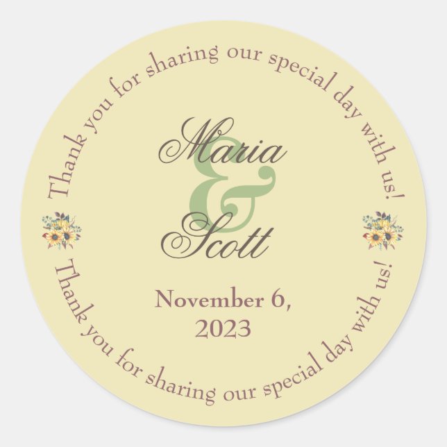 Rustic Sunflower Wedding Thank You Classic Round Sticker (Front)