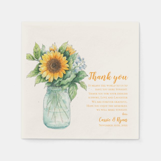 Rustic Sunflower Wedding Thank you Message Napkin (Front)