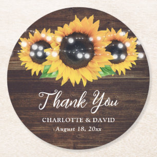 Rustic Sunflower Wedding Thank You Round Paper Coaster