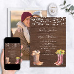 Rustic Sunflower Western Typography Photo Wedding Invitation<br><div class="desc">Featuring a warm wood background, this cute rustic Western wedding invitation features string lights, a pair of his boots with his cowboy hat, and a pair of her boots with sunflowers - perfect for a rustic fall wedding! The text features his and her names in popular hand lettered script typography....</div>