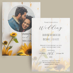 Rustic Sunflower White Barn Wood Photo Wedding Invitation