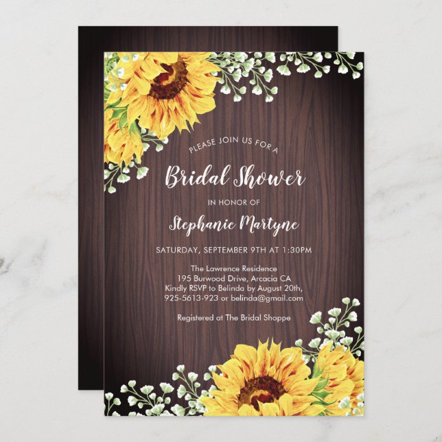 Rustic Sunflower White Floral Wood Bridal Shower Invitation (Front/Back)