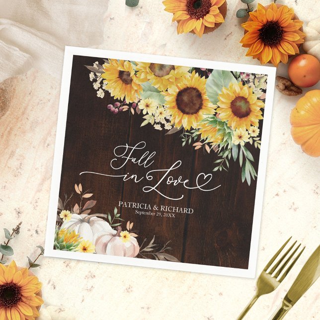 Rustic Sunflower White Pumpkin Wood Fall Wedding Napkin (Creator Uploaded)