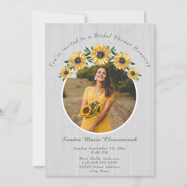Rustic Sunflower  White Wood Wedding Bridal Shower Invitation (Front)