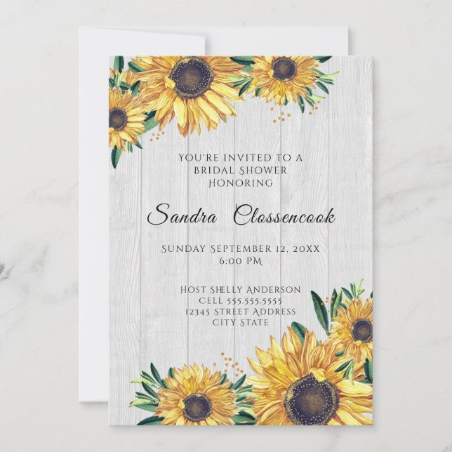 Rustic Sunflower White  Wood Wedding Bridal Shower Invitation (Front)