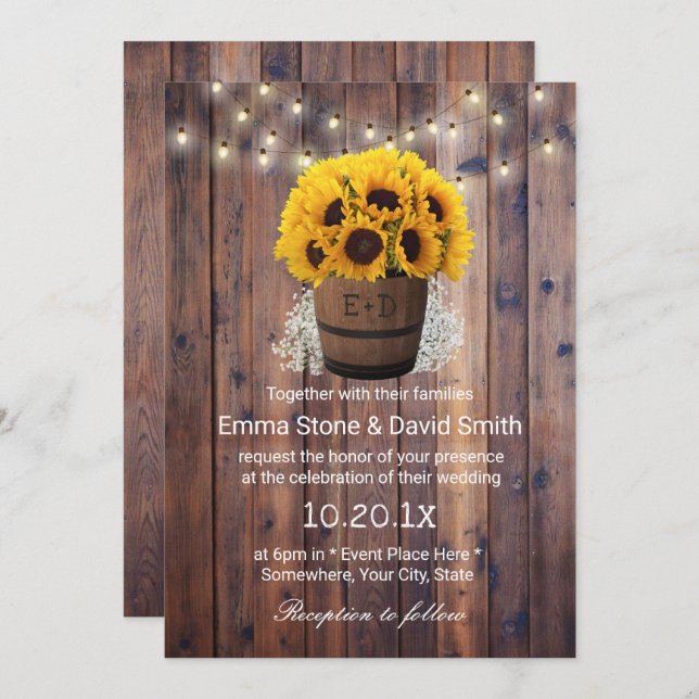 Rustic Sunflower Wine Barrel String Lights Wedding Invitation (Front/Back)