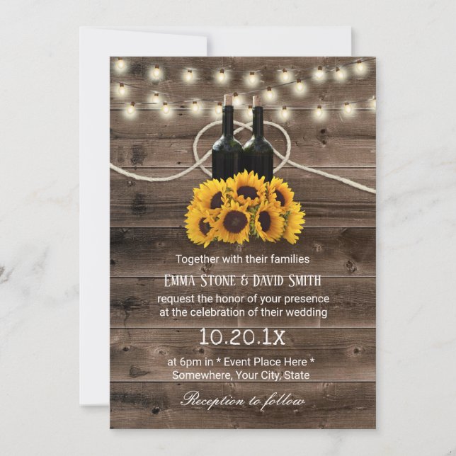 Rustic Sunflower & Wine Bottle Country Wedding Invitation (Front)