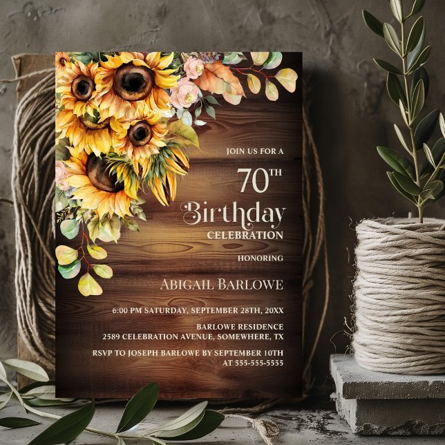 Rustic Sunflower Wood 70th Birthday Party Invitation (Creator Uploaded)