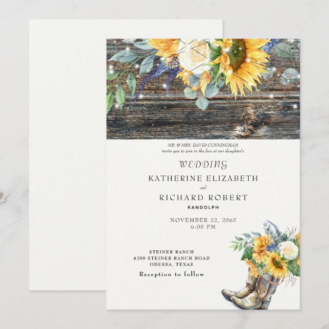 Rustic Sunflower Wood Boots & Lights  Invitation (Front/Back)