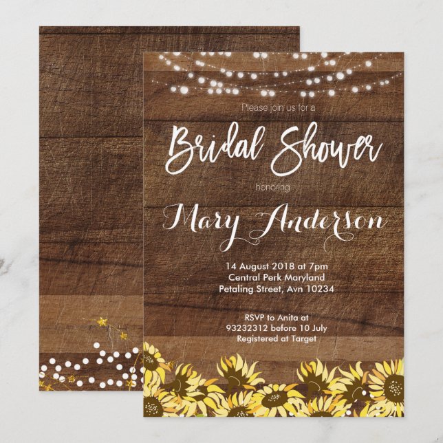 Rustic Sunflower Wood Bridal Shower Invitations (Front/Back)